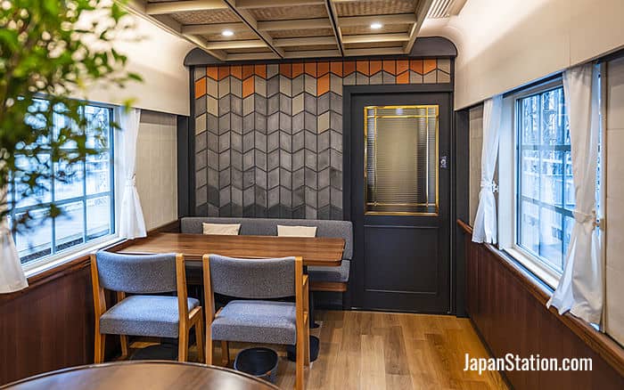 Inside a dining car on Rail Kitchen Chikugo