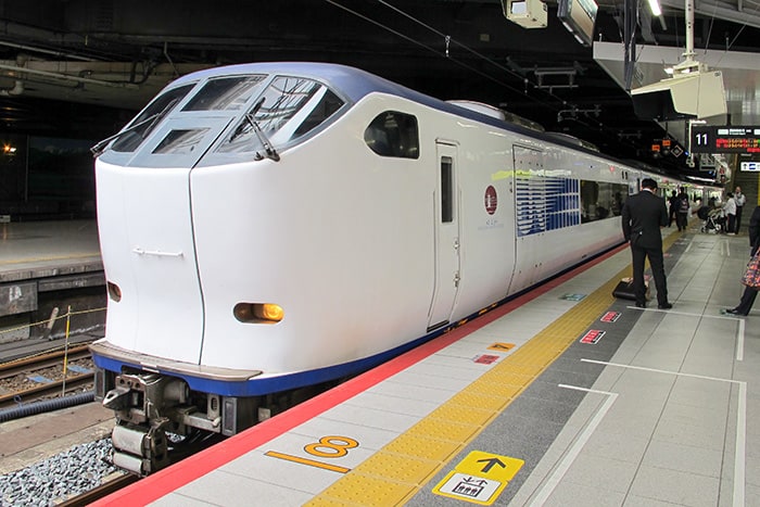 JR West’s Kansai Airport Express Haruka. Currently it runs via the Osaka Loop Line, but when the Naniwasuji Line is completed the route and journey time will become much shorter