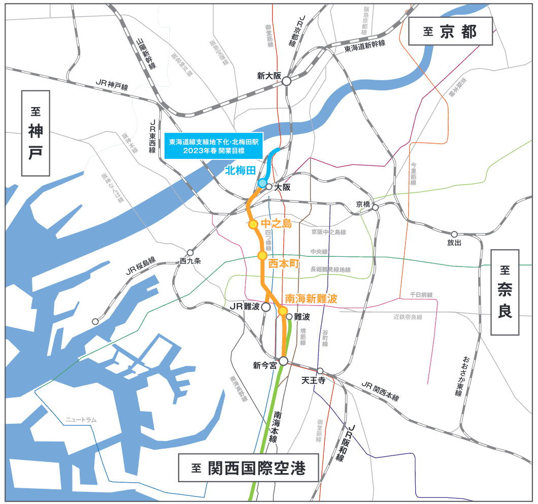 A map showing the planned route of the Naniwasuji Line in yellow, the Tokaido Main Line branch line in blue, and the Nankai Main Line in green