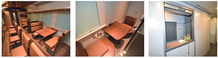 Left to right: Car 1’s lounge, private compartment and sales counter