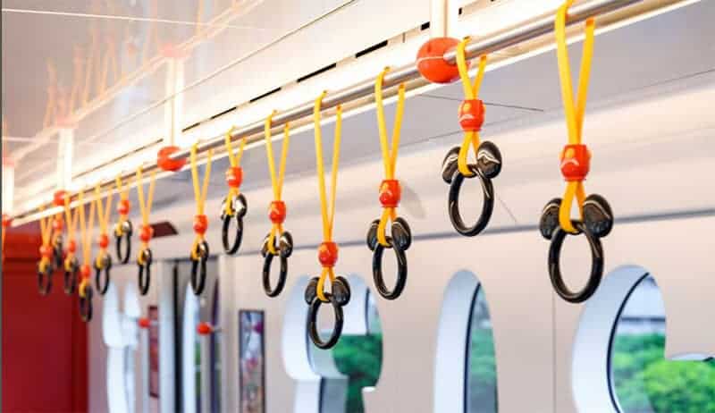 Hand straps hang at different heights for both adults and children