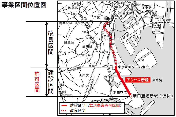 The Access New Line is shown in bold red between Haneda Airport & Tokyo Freight Terminal. The dotted line shows a disused freight line which will be renovated to connect with Tamachi Station