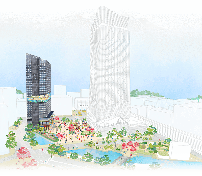 A design image of the Tokyo Torch district with Tokiwabashi Tower on the left and Torch Tower on the right