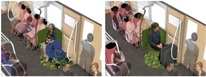 Two images showing different long seat and cross seat arrangements and the new space that can be used for baby strollers or luggage