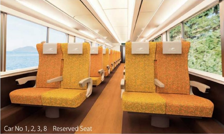 A design image of the reserved seating in cars 1, 2, 3 and 8