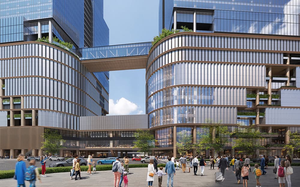 A ground-level view of the new buildings Meitetsu Nagoya Station