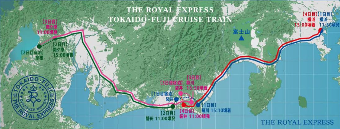 A map showing the route between Yokohama and Lake Biwa
