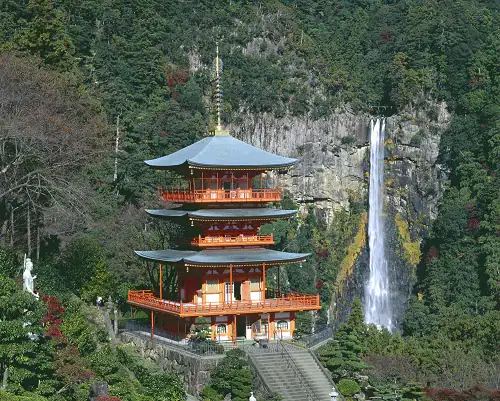 The three-storied pagoda of Seiganto-ji Temple with Nachi Falls, Wakayama